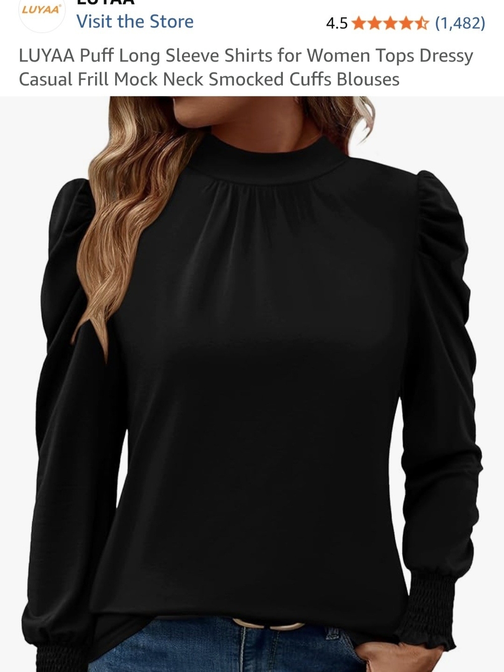 Black Puff Sleeve Mock Neck Blouse